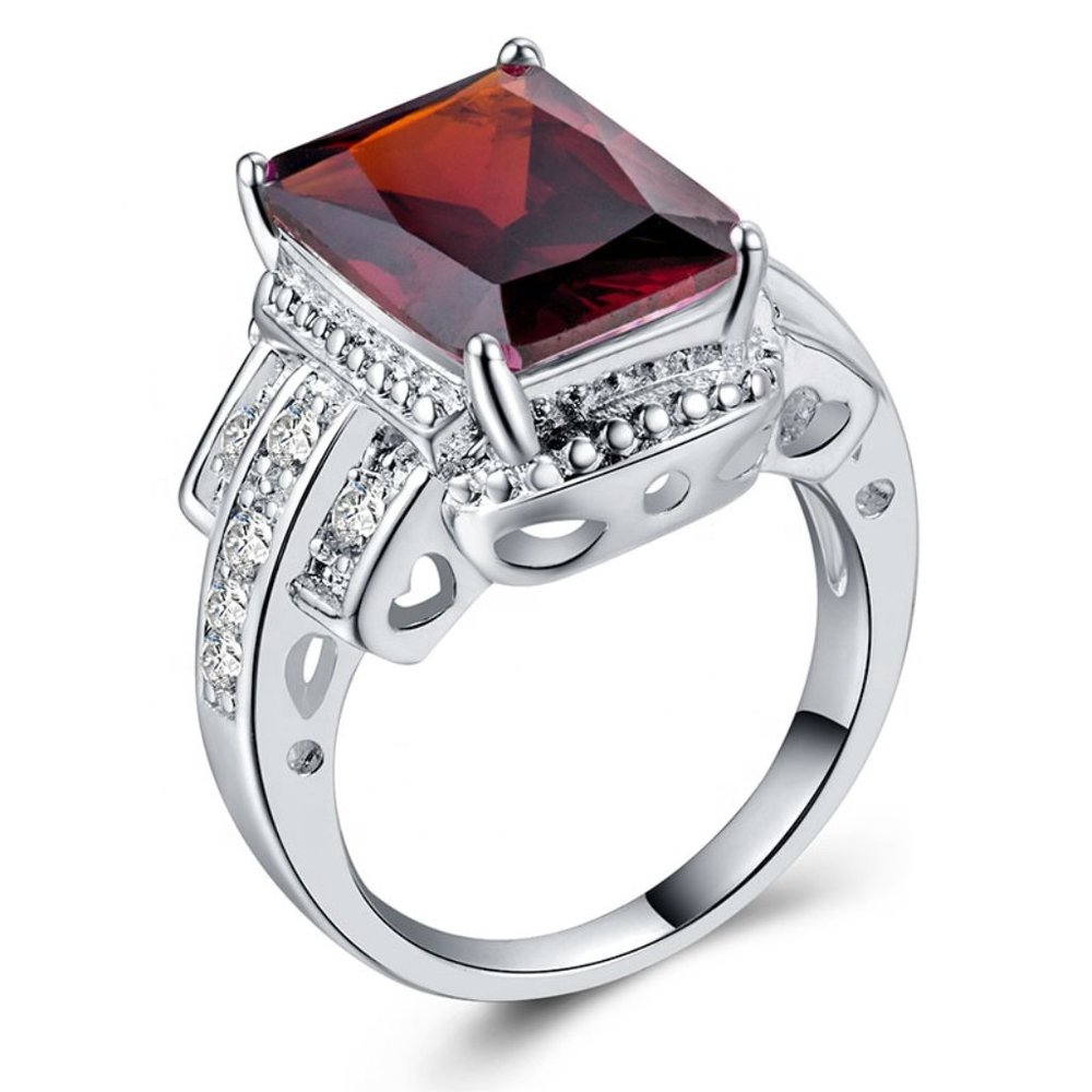 "925 Silver Plated Lovely Red Square CZ Wedding Ring, - Picture 2 of 3
